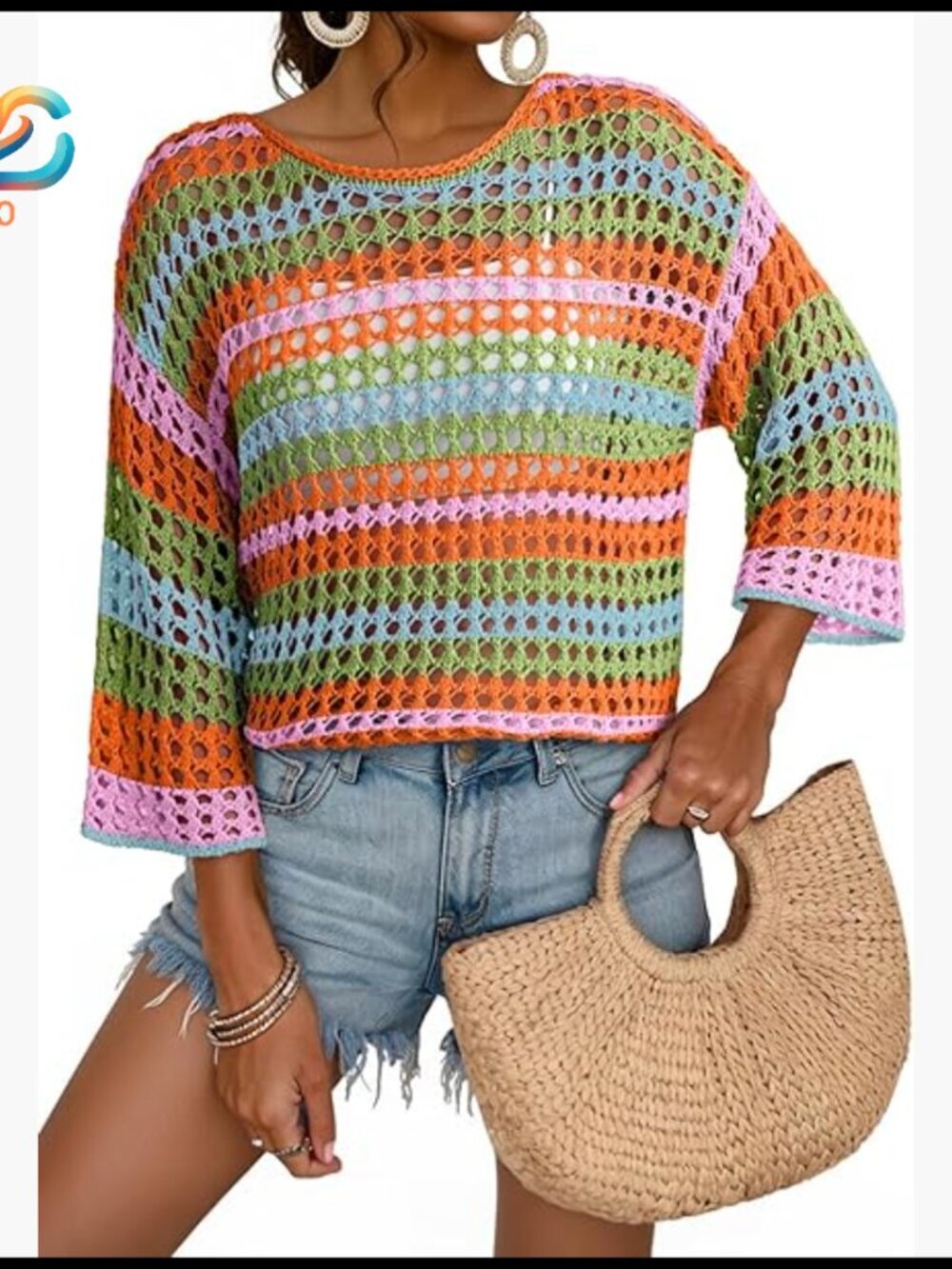 Crochet Hollow Out Sweater 3/4 Sleeve Oversized Beach Cover Up
